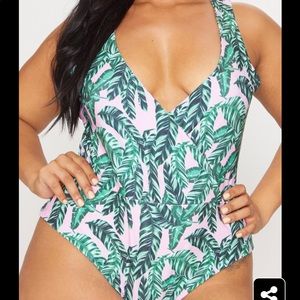 Pink Tropical Print Wrap Swimsuit